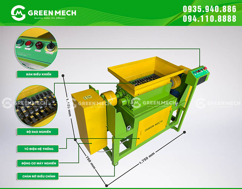 Cấu tạo máy nghiền 2 trục nghiền rác thải GREEN MECH