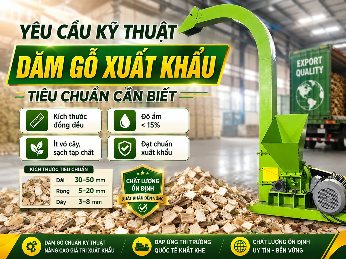 Để đáp ứng yêu cầu kỹ thuật dăm gỗ xuất khẩu, doanh nghiệp cần đảm bảo sản phẩm có kích thước đồng đều, độ ẩm phù hợp và ít tạp chất.