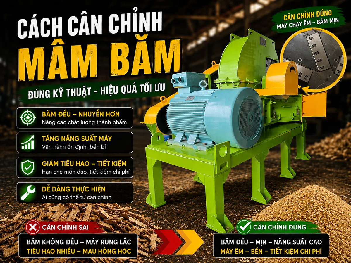 Việc thực hiện cách cân chỉnh mâm băm đúng kỹ thuật là yếu tố then chốt giúp máy băm gỗ vận hành ổn định và tạo ra dăm gỗ đạt chuẩn chất lượng