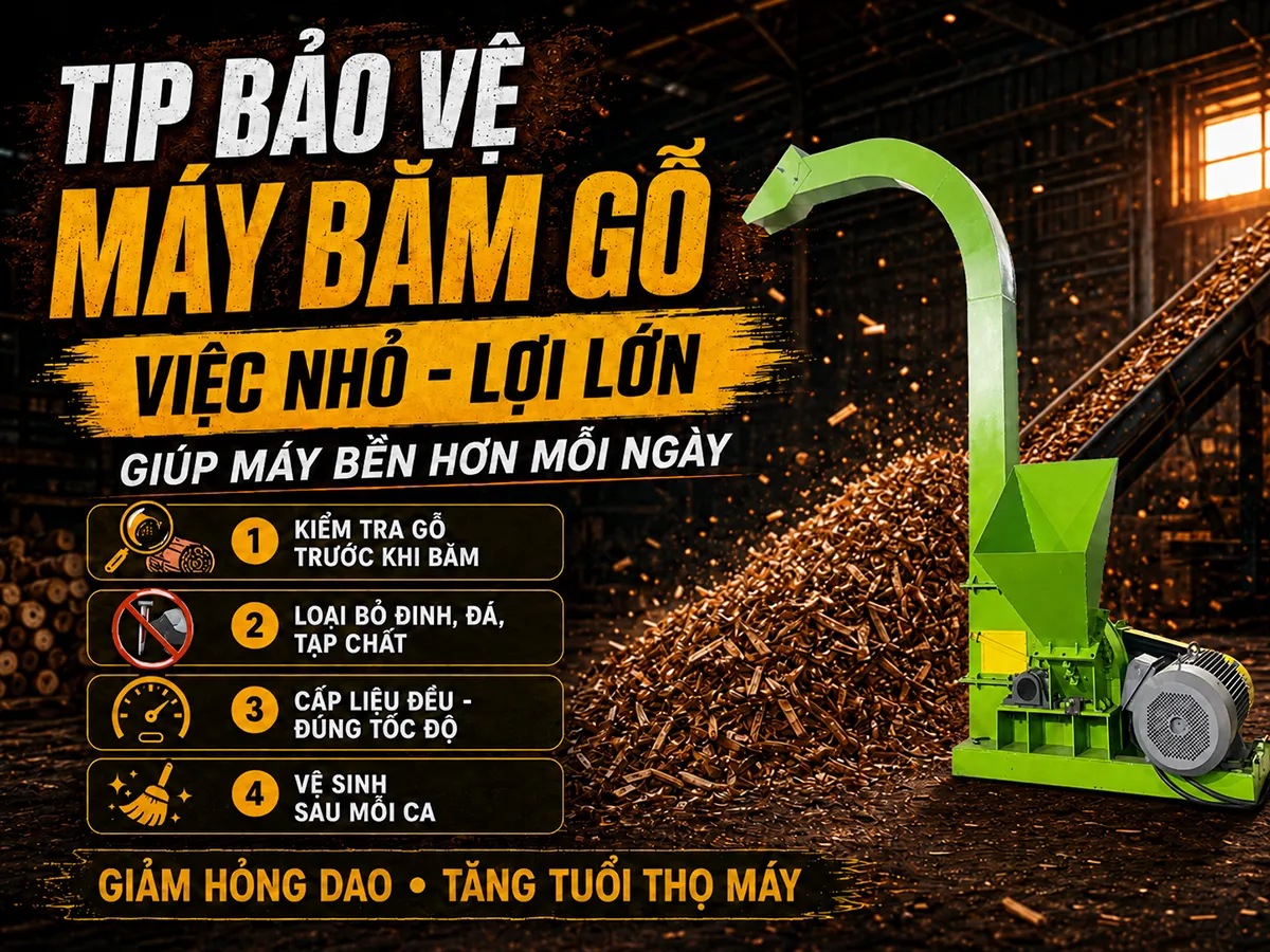 Một tip bảo vệ máy băm gỗ hiệu quả là luôn kiểm tra và làm sạch nguyên liệu trước khi cấp vào máy để tránh gây hư hỏng dao và mâm băm