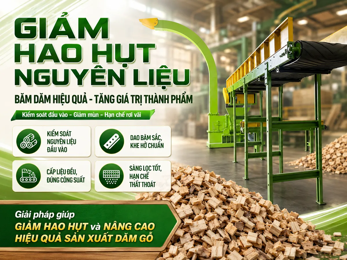 Giảm hao hụt nguyên liệu khi băm dăm giúp doanh nghiệp nâng cao tỷ lệ thu hồi và tối ưu lợi nhuận.