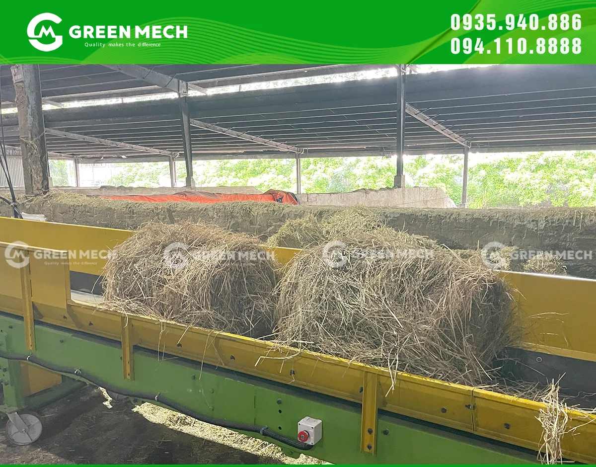 Máy nghiền 2 trục GREEN MECH giúp rơm được làm nhỏ đồng đều, dễ phối trộn trong khẩu phần ăn.