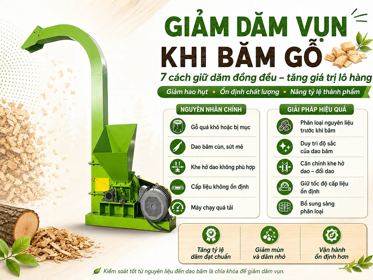 Áp dụng đúng cách giảm tỷ lệ dăm vụn trong quá trình băm giúp doanh nghiệp tận dụng nguyên liệu tốt hơn, tăng tỷ lệ dăm đạt yêu cầu