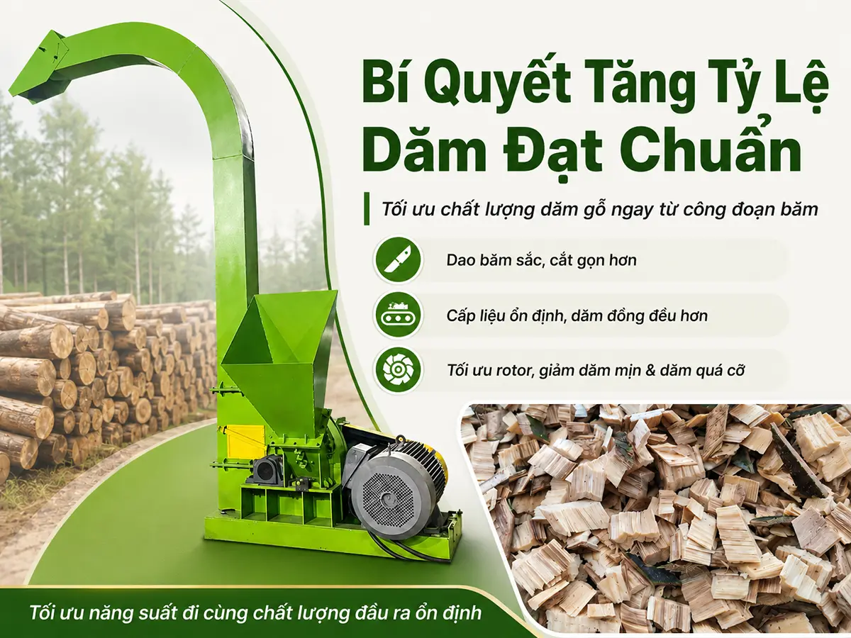 Giải pháp nâng cao tỷ lệ dăm đạt chuẩn giúp doanh nghiệp kiểm soát chất lượng đầu ra, giảm dăm mịn và tối ưu hiệu quả sản xuất dăm gỗ.