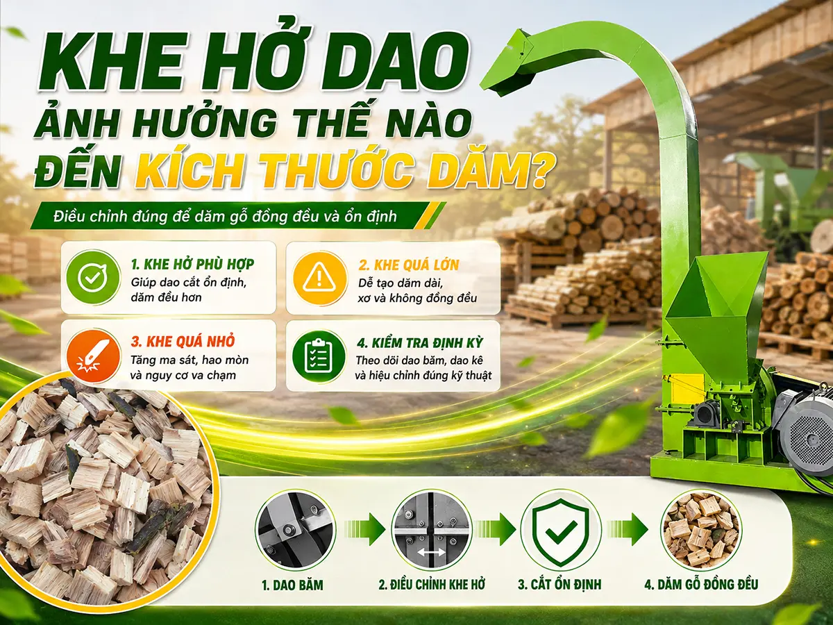 Khe hở dao phù hợp giúp quá trình cắt gỗ ổn định và dăm thành phẩm đồng đều hơn.