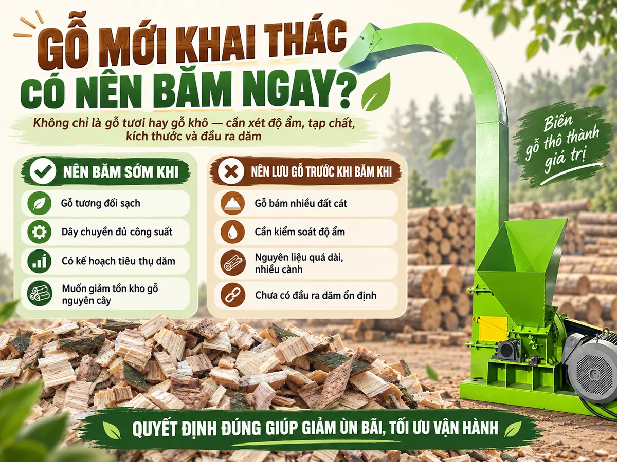 Gỗ mới khai thác có nên đưa vào băm ngay không phụ thuộc vào độ ẩm, chất lượng nguyên liệu và nhu cầu dăm đầu ra.
