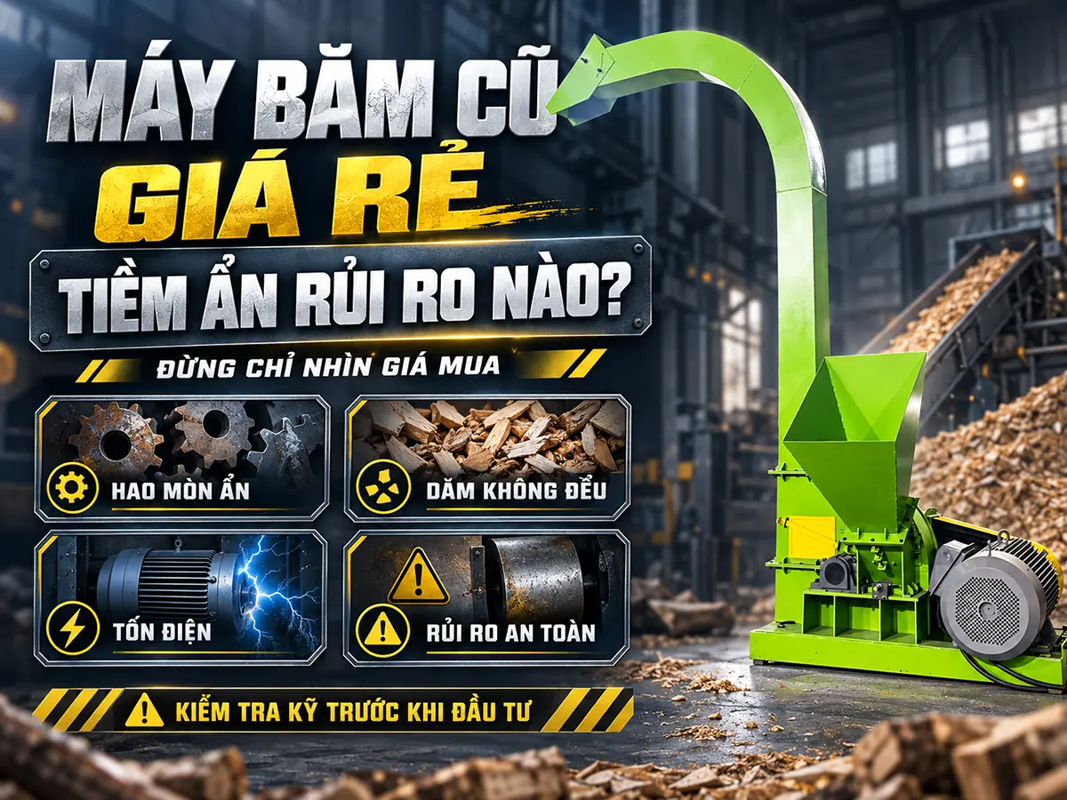 Máy băm cũ giá rẻ có thể che giấu hao mòn ở dao, trục, vòng bi, truyền động và tủ điện mà mắt thường khó phát hiện.